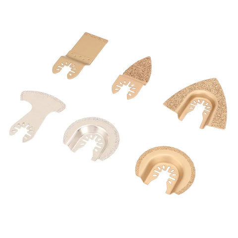 Set of six cemented carbide oscillating saw blades for cutting ceramics, tile, concrete. Compatible with most oscillating tools.