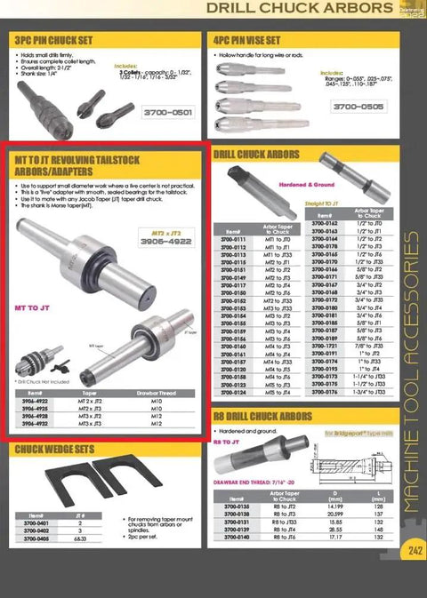 Catalog page showing MT2 To JT2 Live Tailstock Drill Chuck Adapter For Milling And Lathes with product specifications.