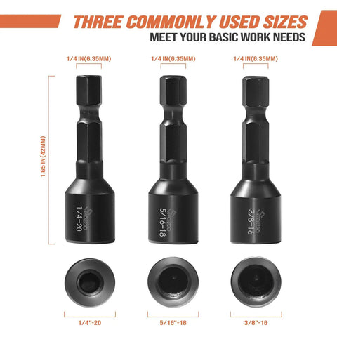 Heavy Duty Hanger Bolt Driver Kit With Hex Shanks Made To Drop Right Inside Your Drill For Quick Setup on three hex shank sizes.