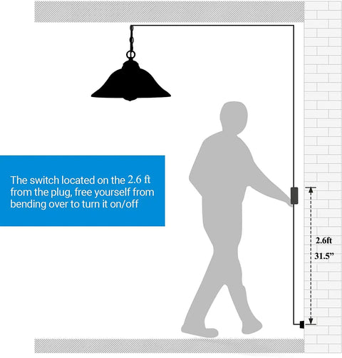 Diagram showing switch height and placement for Plug In Pendant Light With Alabaster Glass Shade In Black Dimmable Swag Lamp With Long 16.4 Ft Cord