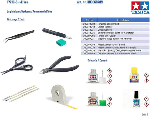 Tools and accessories for constructing the 1/72 Kawasaki Ki-61 Id Hien Plastic Model Aircraft Kit With Elongated Nose And Slimline Fuselage.