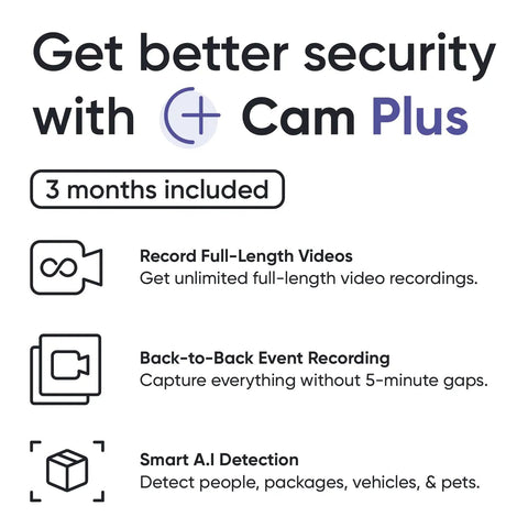Cam Plus 3 Month Subscription For Indoor And Outdoor Cameras With Motion And Bark Detection AI Face And Object Recognition Dog And Cat Camera Alerts Prepaid Card Packaging May Vary description and features list.