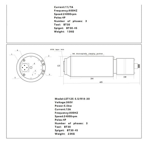Technical illustration of Bt30 CNC Engraving Machine With Pneumatic Spindle And Constant Torque 5.5 kW, dimensions and specs labeled.