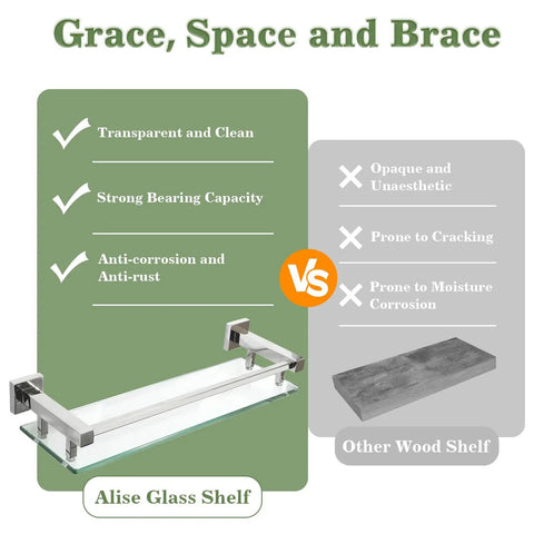 Comparison of 20 Inch Glass Shelf For Bathroom Wall Mounted Polished Chrome Floating Shelves With 8mm Tempered Glass versus wood shelf.