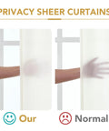 Comparison of beige farmhouse sheer curtains with privacy feature filtering light, shown with hand silhouette behind fabric.