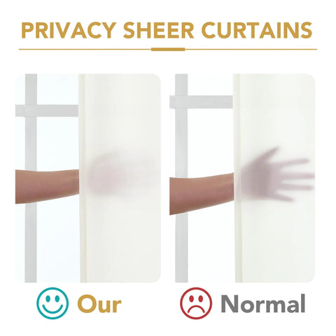 Comparison of beige farmhouse sheer curtains with privacy feature filtering light, shown with hand silhouette behind fabric.