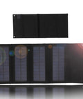 40W Foldable Solar Panel Charger with USB output for laptop, showing black monocrystalline cells, folded and unfolded view