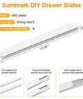 Total Game Changer Pull Out Cabinet Rails Kit Smooth Glide Drawer Slides 8 Pack Heavy Duty ABS Plastic Basket Organizer Guide Built Tough for Kitchens and Closets, showing two white sliding rails with dimensions.