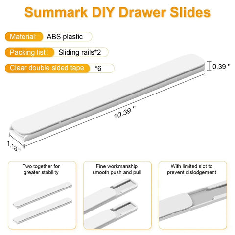 Total Game Changer Pull Out Cabinet Rails Kit Smooth Glide Drawer Slides 8 Pack Heavy Duty ABS Plastic Basket Organizer Guide Built Tough for Kitchens and Closets, showing two white sliding rails with dimensions.