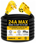 Heavy Duty Fifty Foot EV Charger Adapter Nema 14-30P To 14-50R Convert Dryer Outlet To Electric Vehicle Charging Cord Plug And Play For Twenty Four Amps. 50ft length, 10AWG copper wire, yellow connectors.