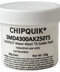 Water Washable Solder Paste T5 63Sn Pb37 in 250g jar for SMT, Chip Quik label visible, industrial use information on jar
