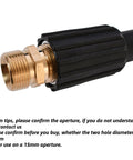 Side view of brass pressure washer M22-14mm male-threaded coupler with black knurled plastic grip