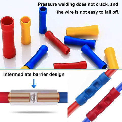 210 Piece Butt Splice Connectors Kit For 22 10 AWG Wiring, assorted crimp connectors showing brass core and PVC insulation.