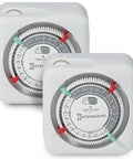 Versatile Indoor 24 Hour Mechanical Timer For Lamps And Appliances With No Fuss Setup And Easy Manual Override Plus Two Daily On Off Settings And A 15 Amp Two Prong Plug In Pack Of Two, showing two timers.