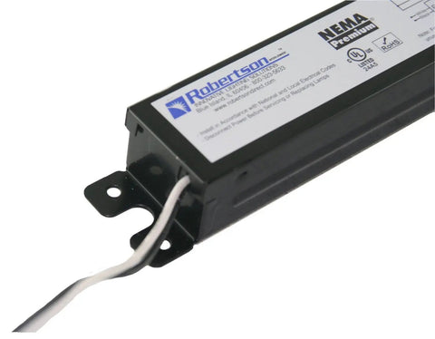Close-up of Electronic Fluorescent Ballast For 2 Or 3 T8 Lamps Or 2 F40T8, showing label and wiring, UL Listed, 120 277V, black casing.