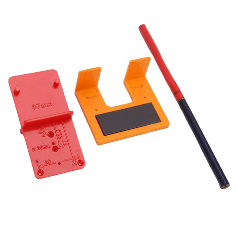Door Jamb Hinge Jig Kit With Thickened Mounting Plates, featuring red drill locator pencil and magnetic plate for precise 2mm positioning