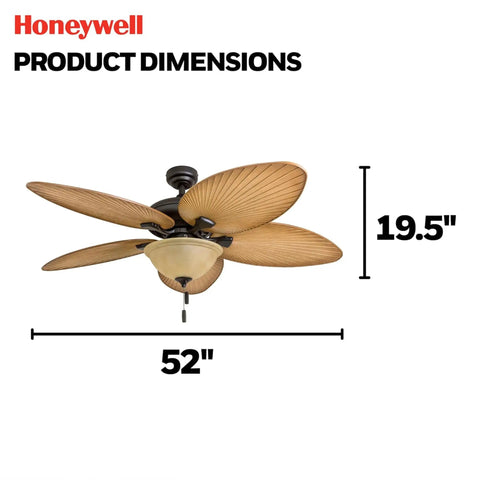 Palm Valley 52 Inch Tropical Ceiling Fan With Light For Indoors Or Outdoors Dual Mountable With Pull Chain Five Palm Leaf Blades