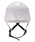 Front view of Skullerz 8975 Class C Safety Helmet White Built Tough For All Day Comfort On Construction Sites Lightweight Design EN12492 Side Impact Compliance And Secure Chin Strap