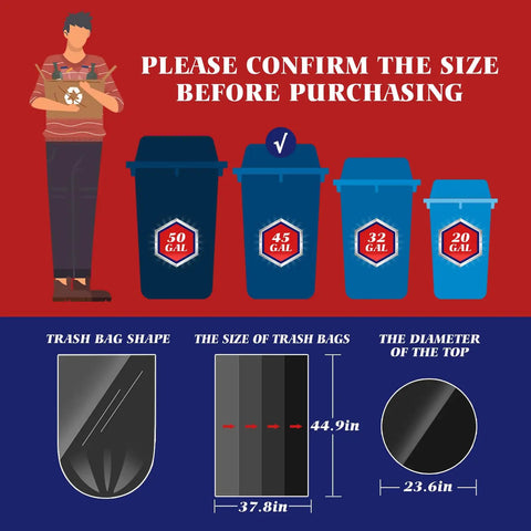 Black Trash Bags 40 45 Gallon 26 Count All Purpose Garbage Sacks Offering A Straight Up Tight Fold Over Handle For Totally Hassle Free Daily Waste Removal At Home Or Work, showing sizes and dimensions for compatibility.