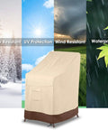 Beefed-Up Heavy Duty Waterproof Stackable Patio Chair Cover for 4-6 Chairs in beige and brown with weather resistance features