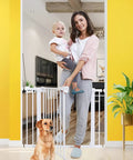 Mother and toddler with Adjustable Baby Gate For Doorways And Stairs 30 To 51.5 Inches Walk Through Gate, dog nearby