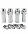 Top Shelf Chrome Extra Long Shank Lug Nuts Featuring Bold M12x1.5 Threads And A Snug 13/16 Hex Fitment Includes Four Garage Tough Auto Fasteners Alongside Shiny Stainless Washers For Custom Cragar Wheels.