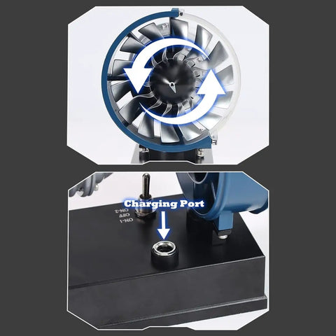 DM122 All Metal Turbofan Engine Kit with charging port detail and rotating blades close-up view.