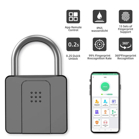 Heavy Duty Fingerprint Padlock With Bluetooth Outdoor Waterproof Smart Lock For Gates Fences Lockers Gyms Cabinets And Warehouses App Enabled 15 Fingerprints Includes 2 Keys shown with app and features icons