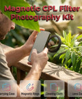 Man using Magnetic CPL Phone Camera Filter Kit With Quick Mount Polarizing Filter For On The Go Mobile Pics in garden