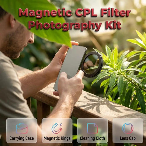 Man using Magnetic CPL Phone Camera Filter Kit With Quick Mount Polarizing Filter For On The Go Mobile Pics in garden