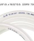 Clear braided PVC tubing, 3/8 in ID x 19/32 in OD, high-pressure reinforced hose, 225 PSI.