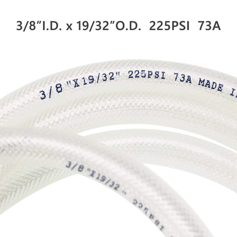 Clear braided PVC tubing, 3/8 in ID x 19/32 in OD, high-pressure reinforced hose, 225 PSI.