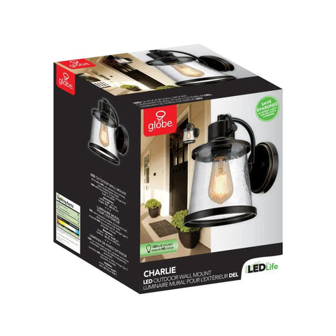Box packaging of Oil Rubbed Bronze Outdoor Indoor Wall Sconce With Seeded Glass Shade No Fuss Easy Install 1 Light LED Bulb Included