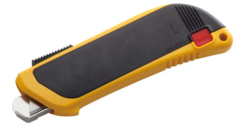 Self Retracting Safety Knife With Fully Auto Blade Release And Round Tip, Spring Activated Blade That Retracts On Lift, Unoverrideable Safety Guard, Durable Construction For Pro Grade Precision And Mess Free Cuts. Yellow and black plastic knife with round tip