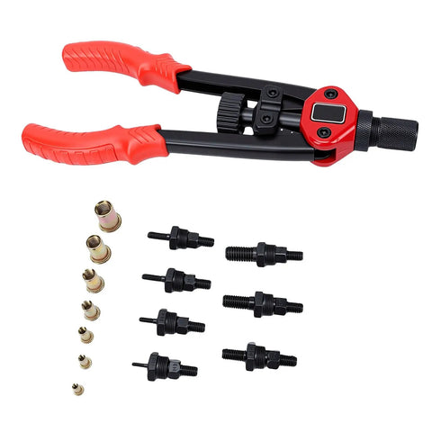 Rivet Nut Tool Kit With Interchangeable Mandrels And Storage Box for furniture auto marine industrial use, red handle pliers, mandrels, nuts