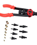 Beefy Rivet Nut Tool Kit with Interchangeable Mandrels and durable storage box, shown with red-handled tool and seven mandrels.