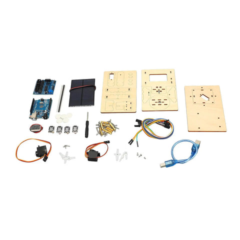 Solar Powered STEM Learning Kit For Kids DIY Wooden Smart Tracker Project For Hands On Programming IDE Compatible Classroom And Home Learning Beginner Friendly parts laid out