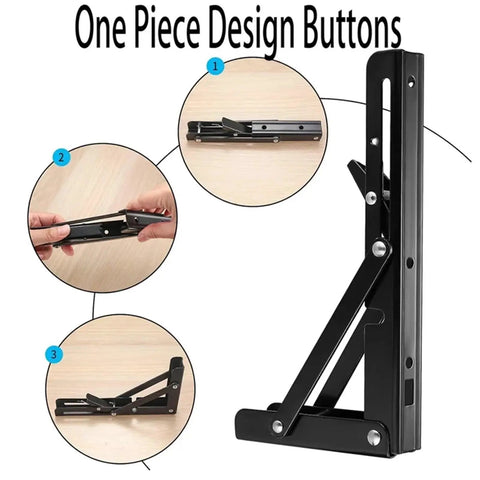 Beefy Triangle Folding Shelf Brackets Set For Wall Mounts, adjustable metal design, close-up of one-piece button mechanism