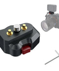 Compact Aluminum Quick Release Plate System With One Quarter Inch Screw for Camera Tripods Gimbals shown with camera and tool