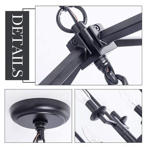 Industrial Black Pendant Light 4 Light Chandelier With Classic Metal Cage, close-up of metal cage and chain detail