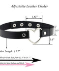 Genuine PU Leather Love Heart Choker Necklace For Men Women With Rugged Gothic Chain Adjustable Collar, 15.7 inches long.