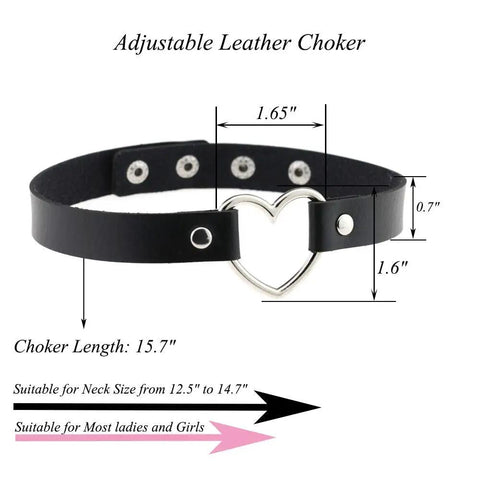 Genuine PU Leather Love Heart Choker Necklace For Men Women With Rugged Gothic Chain Adjustable Collar, 15.7 inches long.