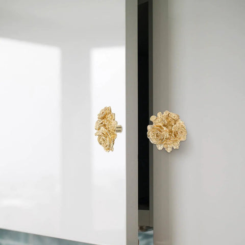 Gold Brass Peony Flower Cabinet Knobs And Drawer Pull Handles For Kitchen Bathroom Bedroom Furniture Hardware Vintage Copper Finish With Elegant Floral Design installed on white cabinet