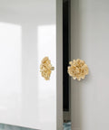 Brass Peony Flower Drawer Pulls Set Gold Tone Cabinet Knobs For Kitchen Bathroom Dresser Furniture Vintage Style Decorative Hardware With Easy Grip Design And Smooth Operation For A Retro Vibe installed on white cabinet