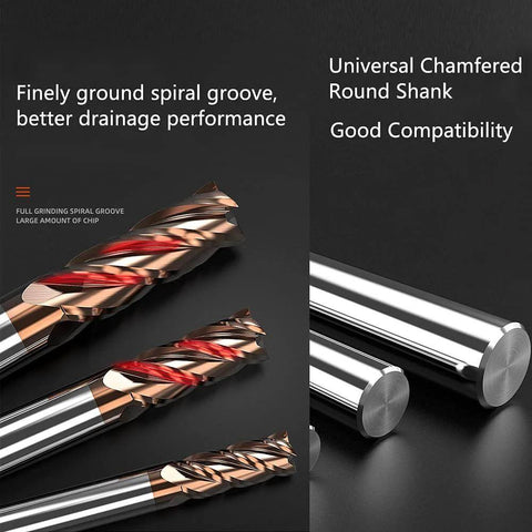 Carbide square end mills, 4-flute, bronze AlTiN coating with silver shanks; three pieces
