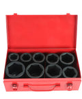 1 Inch Drive Deep Impact Socket Set With 9 Piece CrMo 6 Point Sockets From 1 Inch To 2 Inch SAE in red storage case