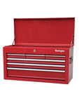Beefy Portable Metal Tool Chest With Six Drawers, 24 Inch Tool Cabinet open in red, full view with central lock visible