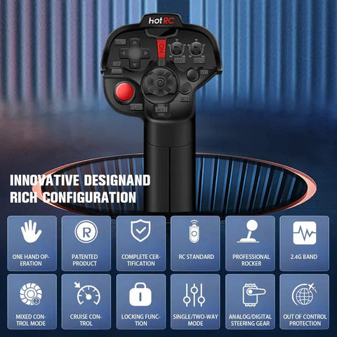 One-Handed RC Radio Transmitter With 4 Channel Receiver 2.4GHz Remote showcasing ergonomic pistol grip and control buttons.