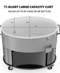 70-Quart Rolling Patio Cooler With Wheels Insulated Ice Chest For Outdoor Barbecues Pool Parties Camping And Beach Trips With Bottom Storage Tray And Bottle Opener Gray showing dimensions and can capacity.