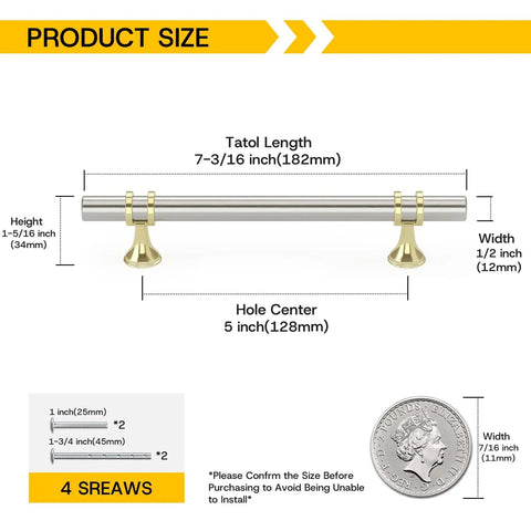 Dimensions of 10 Pack 5 Inch Brushed Nickel And Gold Cabinet Pulls Heavy Duty Kitchen Drawer Handles, showing measurements.